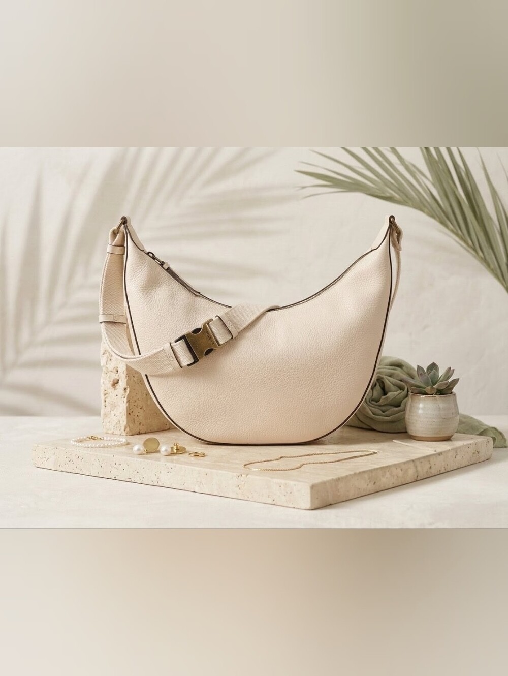 Time and Tru Cream Faux Leather Crescent Shoulder Bag with Adjustable Strap
